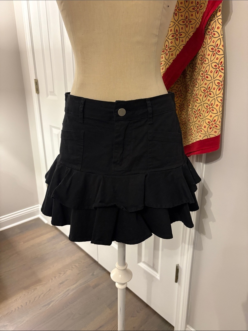 NV Felix Women's Black Tiered Ruffle Mini Skirt with Cute Front Pocket Details